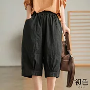 【初色】休閒中性寬鬆口袋五分鬆緊短褲-共4色-67177(M-2XL可選) XL 黑色