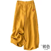 【初色】簡約棉麻風復古高腰闊腿褲休閒褲-共4色-67208(M-2XL可選) M 姜黃色