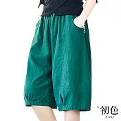【初色】素色棉麻風有口袋高腰闊腿五分褲-共4色-67209(M-2XL可選) M 墨綠色
