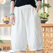 【初色】素色棉麻風有口袋高腰闊腿五分褲-共4色-67209(M-2XL可選) M 白色