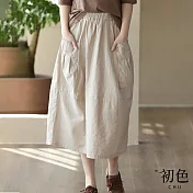 【初色】寬鬆棉麻風口袋A字半身裙-共4色-67191(M-2XL可選) XL 麻色