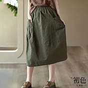 【初色】寬鬆棉麻風口袋A字半身裙-共4色-67191(M-2XL可選) XL 軍綠色