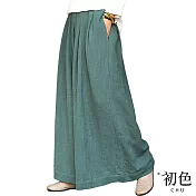 【初色】寬鬆大碼棉麻風高腰鬆緊帶闊腿褲裙-共6色-67210(M-2XL可選) M 墨綠