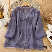 【初色】拼接棉麻風中式復古刺繡V領開衫上衣-共3色-67180(M-2XL可選) M 紫色