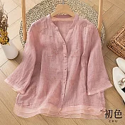 【初色】拼接棉麻風中式復古刺繡V領開衫上衣-共3色-67180(M-2XL可選) XL 粉色