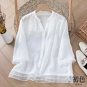【初色】拼接棉麻風中式復古刺繡V領開衫上衣-共3色-67180(M-2XL可選) XL 白色