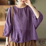 【初色】棉麻風圓領輕薄七分袖T恤上衣-共5色-67175(M-2XL可選) XL 紫色