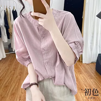 【初色】復古亞麻風燈籠袖素色襯衫上衣-共3色-67184(M-2XL可選) XL 粉色