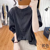 【初色】復古亞麻風燈籠袖素色襯衫上衣-共3色-67184(M-2XL可選) XL 黑色