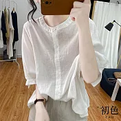 【初色】復古亞麻風燈籠袖素色襯衫上衣-共3色-67184(M-2XL可選) M 白色