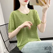 【初色】寬鬆中大碼冰絲鏤空針織圓領短袖T恤上衣-共2色-68376(F可選) F 綠色