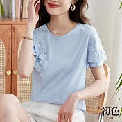 【初色】休閒圓領珍珠蕾絲摺邊點綴短袖T恤上衣-共2色-68400(M-2XL可選) XL 藍色