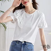 【初色】休閒圓領珍珠蕾絲摺邊點綴短袖T恤上衣-共2色-68400(M-2XL可選) XL 白色