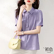 【初色】素色翻領愛心釘珠泡泡短袖襯衫上衣-紫色-68409(M-2XL可選) M 紫色