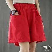 【初色】夏季顯瘦高腰休閒大口袋闊腿五分褲短褲-共4色-68447(M-2XL可選) L 紅色