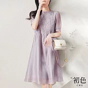 【初色】素色雪紡燈籠袖木耳邊A字裙洋裝-共2色-67532(M-2XL可選) L 紫色