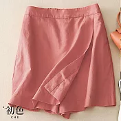 【初色】夏季休閒純色高腰不規則假兩件褲裙短褲-共4色-68453(M-2XL可選) 2XL 紅色