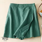 【初色】夏季休閒純色高腰不規則假兩件褲裙短褲-共4色-68453(M-2XL可選) 2XL 綠色