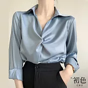【初色】翻領素色緞面摺皺設計長袖襯衫上衣-共5色-67328(M-2XL可選) M 雲水藍