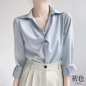 【初色】翻領素色緞面摺皺設計長袖襯衫上衣-共5色-67328(M-2XL可選) XL 霧霾藍