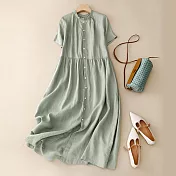 【ACheter】 棉麻短袖連身裙木耳領大擺裙可前後兩穿開衫長裙罩衫洋裝# 117634 2XL 綠色