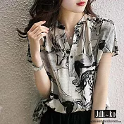 【Jilli~ko】水墨風設計感印花寬鬆雪紡襯衫 J10666  FREE 黑色