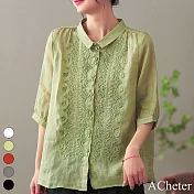 【ACheter】 七分袖刺繡棉麻襯衫藝復古設計感棉麻短版上衣# 117589 L 綠色