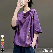 【ACheter】 繡花T恤寬鬆純色圓領百搭顯瘦個性抽繩短袖短版上衣# 117593 L 紫色