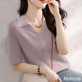 【MsMore】 紫色Polo領冰絲針織衫短袖圓領薄款修身顯瘦短版上衣# 117598 FREE 紫色
