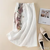 【ACheter】 寬鬆顯瘦A字裙女文藝純色印花棉麻鬆緊腰半身裙# 117600 XL 白色