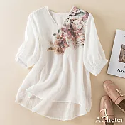 【ACheter】 寬鬆顯瘦V領藘麻文藝彩繪純色印花棉麻短版五分短袖上衣# 117602 XL 白色