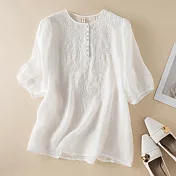 【ACheter】 寬鬆薄款圓領上衣氣質刺繡棉麻短袖短版上衣# 117605 XL 白色