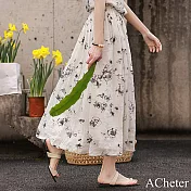 【ACheter】 蘆麻鬆緊高腰細皺肌理感水墨畫印花清新仙氣半身長裙# 117619 XL 白色