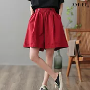【AMIEE】假鈕扣造型鬆緊短褲(KDTP-8781) L 紅色