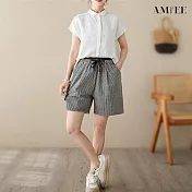 【AMIEE】休閒鬆緊綁帶格子棉麻短褲(2色/M-2XL/KDPY-9009) L 小格