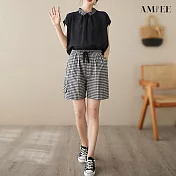 【AMIEE】休閒鬆緊綁帶格子棉麻短褲(2色/M-2XL/KDPY-9009) L 大格