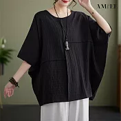 【AMIEE】大尺碼不規則拼接寬鬆上衣(4色/M-2XL/KDTY-8530) M ,黑色