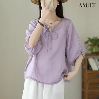 【AMIEE】氣質簍空綁帶燈籠袖上衣(4色/F碼/KDTY-9735) F 紫色