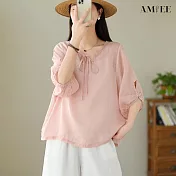 【AMIEE】氣質簍空綁帶燈籠袖上衣(4色/F碼/KDTY-9735) F 粉紅