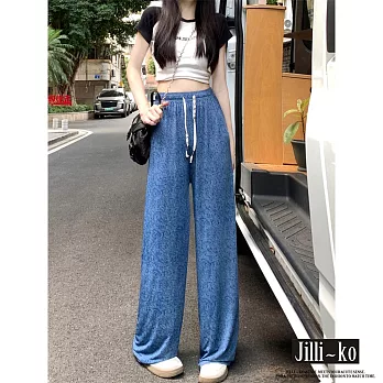 【Jilli~ko】鬆緊腰直筒高腰休閒冰絲闊腿褲 J10733  FREE 藍色