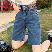 【MsMore】 高腰五分牛仔短褲寬鬆顯瘦復古設計感直筒中褲# 117491 S 牛仔藍色