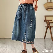 【ACheter】 復古刺繡破洞牛仔半身裙鬆緊高腰顯瘦A字長裙# 117663 2XL 藍色