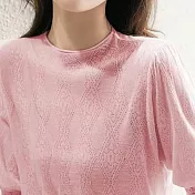 【MsMore】 鏤空針織衫五分短袖圓領氣質優雅法式輕奢空調罩衫短版上衣# 117713 FREE 粉紅色