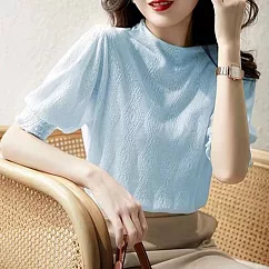 【MsMore】 鏤空針織衫五分短袖圓領氣質優雅法式輕奢空調罩衫短版上衣# 117713 FREE 藍色