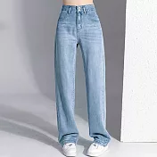 【MsMore】 牛仔闊腿褲高腰垂感薄款寬鬆天然植物纖維冰柔絲直筒長褲# 117775 M 藍色