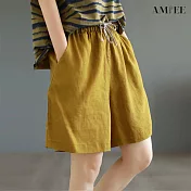 【AMIEE】休閒簡約棉麻綁帶短褲(5色/M-2XL/KDPY-9333) L 黃色