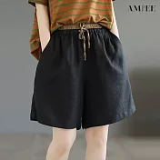 【AMIEE】休閒簡約棉麻綁帶短褲(5色/M-2XL/KDPY-9333) L 黑色