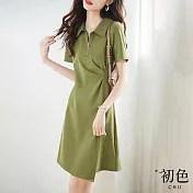 【初色】韓版氣質休閒短袖洋裝-共13款任選-67613(M-2XL可選) XL C.綠色