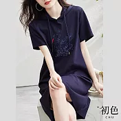 【初色】韓版氣質休閒短袖洋裝-共13款任選-67613(M-2XL可選) XL E.藏青色