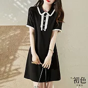 【初色】韓版氣質休閒短袖洋裝-共13款任選-67613(M-2XL可選) XL F.黑色